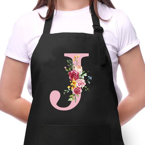 Tabliers de Cuisine Femme avec Initiale Fleur, Tablier Noir Réglable avec 2 Poches, Cadeaux pour Maman, Femme, Petite Amie, Anniversaire, Noël pour Cuisine, Jardinage, Restaurant, Barbecue Peinture J (1/5)