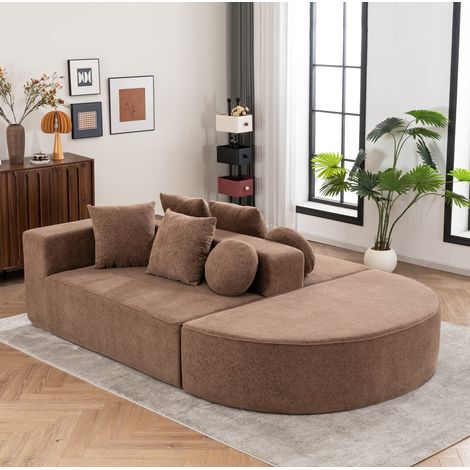 Divano modulare 263x171x66 cm in tessuto ciniglia marrone con letto, FloraGrace (1/5)