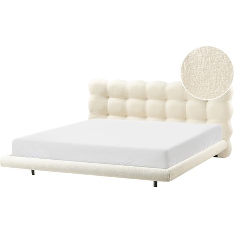 Cama de bouclé con cabecero con capitoné 180 x 200 cm somier de láminas patas de metal blanco crema Soulisse