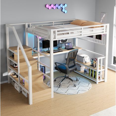 lit adulte rangement 140x200 métal blanc bureau USB LED HAVRYA (1/5)