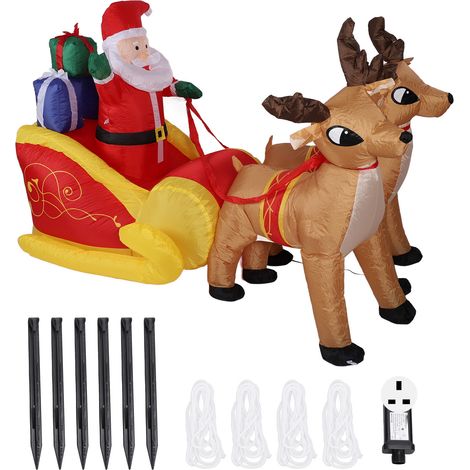 Père Noël gonflable sur traîneau avec rennes 2,1m Polyester Fibre Décoration de jardin extérieur pour pelouse Prise UK 220V (1/5)