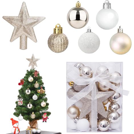 Lot de 30 mini boules de Noël avec crochet de suspension - 3 cm - Décoration de Noël - Avec étoile - Paillettes dorées et blanches (1/5)
