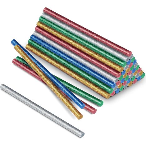 100 bâtonnets de colle thermofusible de 7 mm, couleurs assorties, haute viscosité, avec bande adhésive et paillettes. (1/5)