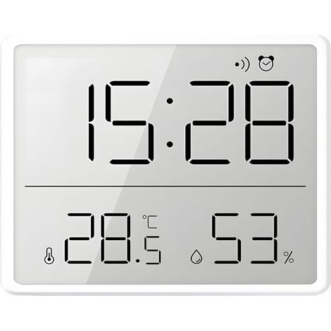 Reloj despertador digital multifuncional con termómetro e higrómetro, pantalla LCD magnética blanca. (1/5)