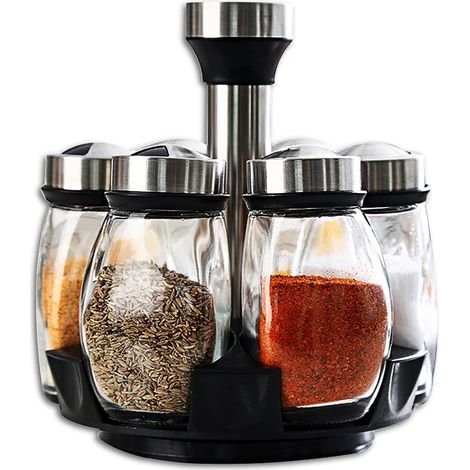 Porte-Épices - Carrousel Rotatif 350 mm - Acier Inoxydable Transparent avec 6 Pots en Verre Borosilicaté - Pour Cuisine et Stockage d'Épices (1/5)