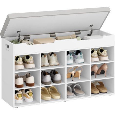 Banc à chaussures blanc avec coussin – Étagère à chaussures 12 compartiments – Rangement supérieur ajustable – Dimensions 30 x 100 x 55 cm