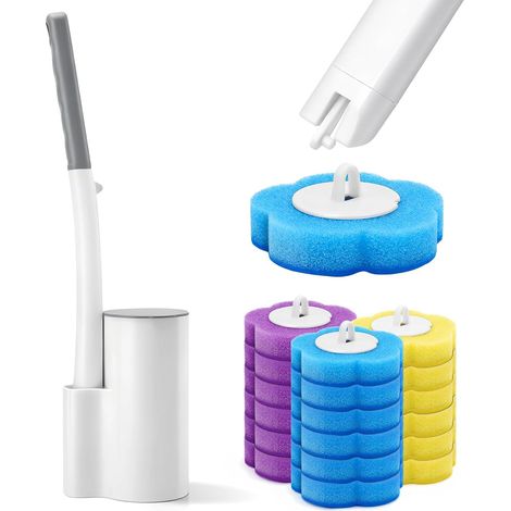 Lot de 4 brosses WC jetables avec poignée allongée et support, brosse WC avec 18 recharges de nettoyant, éponge pour lavabo, toilettes, piscine (blanc) (1/5)