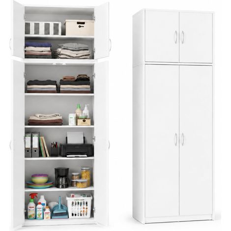 Armoire polyvalente - Étagère - Blanc - 74 cm de large - 180 cm de haut - Avec six tablettes et étagère supérieure - Classeur - Armoire de ménage - Organiseur en bois pour chambre à coucher (1/5)