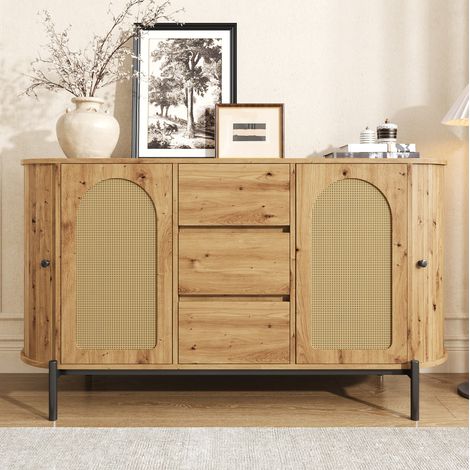 Sideboard oval aus MDF in Naturholzoptik mit Rattantüren, 3 Schubladen und verstellbaren Einlegeböden (1/5)