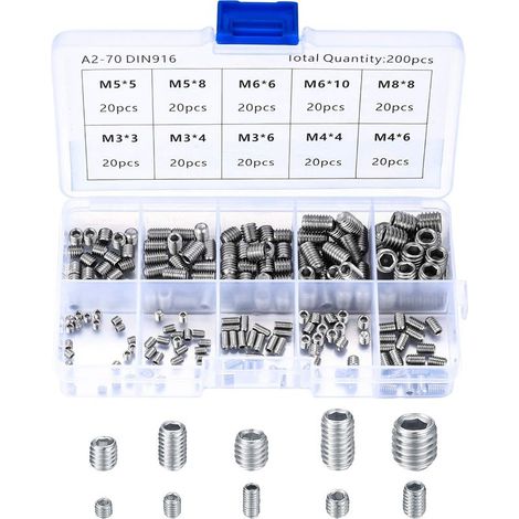 200pcs Stainless Steel Grub Screws, M3 M4 M5 M6 M8 Machine Screws, Grub Screw Assortment Fastener Kit