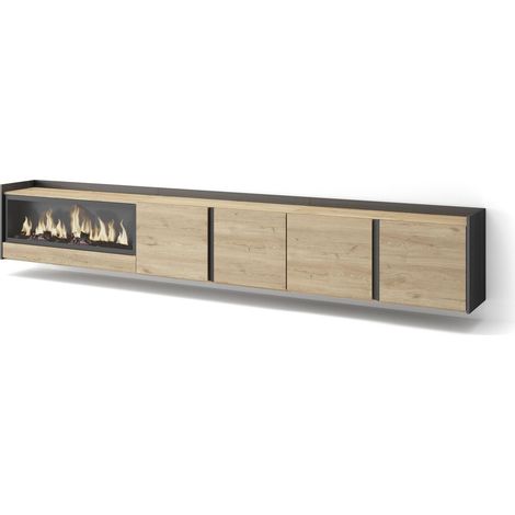 Skraut Home - Mueble TV, Televisión, Muebles de salón, almacenaje, 315x35x50cm, Para TV hasta 80", Chimenea eléctrica XXL, Colgado, Suspendido, Estilo Moderno, Roble y negro (1/5)