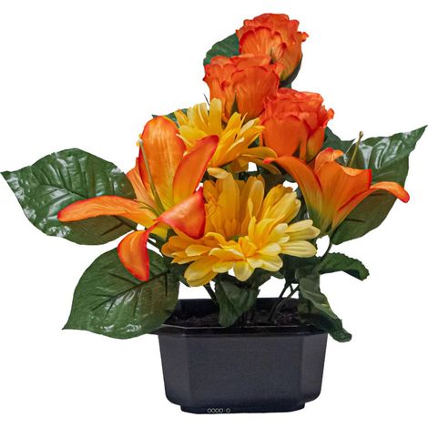 Vasque Carrée de Gerberas fleurs artificielles pour le cimetière H 28 cm Lg 25 cm Jaune-orange - couleur: Jaune-orange