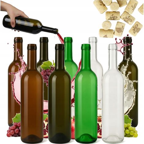 10 Weinflaschen 0,75 l Glas + Korken 750 ml 4 Farben Bordeaux-Set