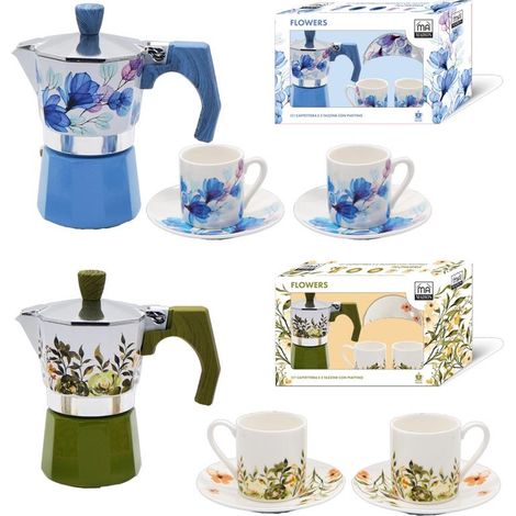 MA MAISON SET CAFFETTIERA + 2 TAZZINE CON PIATTINO MODELLO FLOREALE COLORI ASSORTITI (1/4)