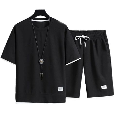 2 pièces ensemble décontracté t-shirt et short, tissu gaufré, respirant et doux, pour sport et quotidien (1/5)