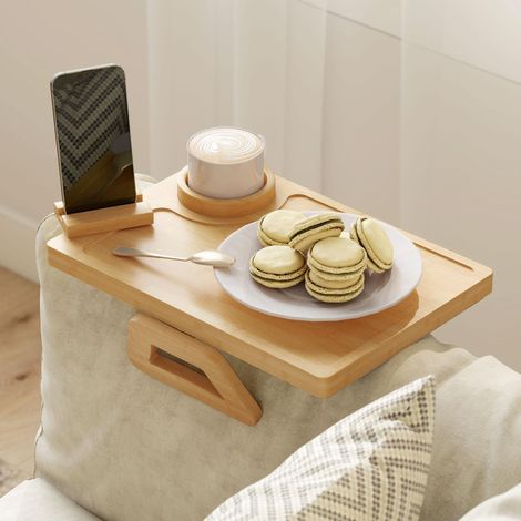 Accoudoir pour canapé en bambou, pliable et flexible, avec porte-vase et porte-téléphone supplémentaires.
