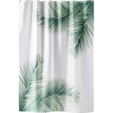 1 Rideau de douche, Crochets inclus, Polyester imprimé, 180x200 cm, Vert Havane, Salle de bain (1/4)