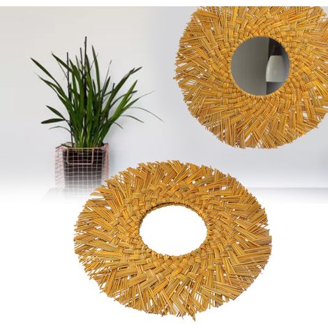 Miroir décoratif rétro de style nordique, orné d'un pompon tressé à la main, idéal comme décoration murale de chevet ou comme miroir suspendu, couleur or. (1/5)