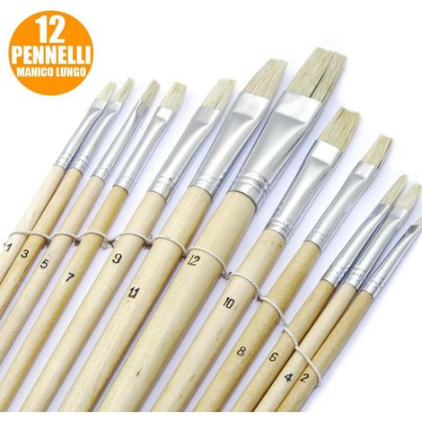 Trade Shop - Set De 12 Pinceles Planos Con Mango Largo De Madera Grosor 1-12 Mm Hobby Pintura - (1/2)
