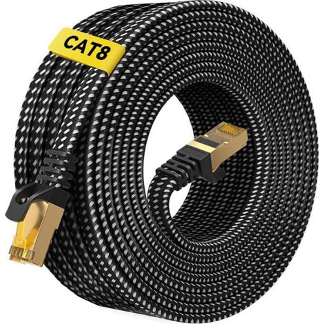 Câble Ethernet Cat 8 15M, Tressé Plat, 40Gbps 2000MHz, RJ45, Réseau Gigabit PC TV Modem (1/5)