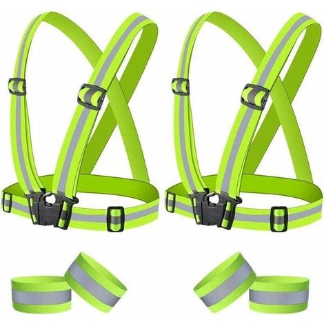 Gilet de Sécurité, Gilets Réfléchissants, 2 Gilet Jaune Sécurité,4 Brassard Reflechissant, Course de Nuit, Marcher, Vélo et Faire de la Moto, Adultes et Enfants