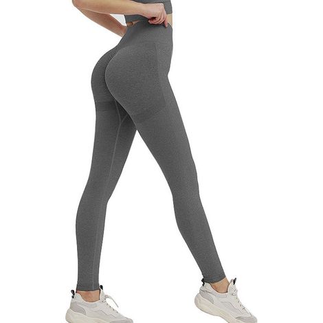 Leggings - Taille Haute Moyenne - Sans Couture - Design Relevé Fessier - Couleur Unie Gris Foncé - Pour Yoga Et Sport - 1 Pièce (1/5)