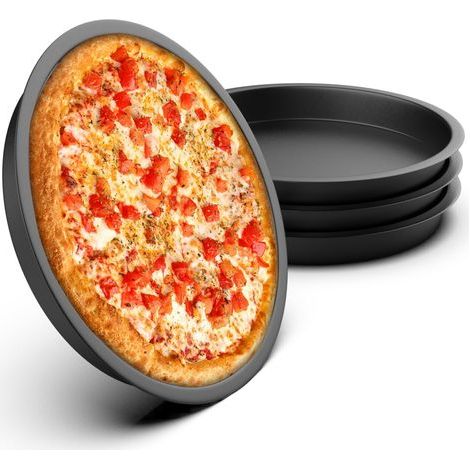 Lot de 4 Plaque à Pizza, 20 cm Moules à Pizza Rond, Résistant au Four en Acier au Carbone avec Double Couche d'anti-adhérent Facile à Nettoyer - Noir (1/5)