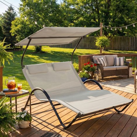 Chaise longue bain soleil transat auvent oreiller roulettes acier polyester, crème (1/4)