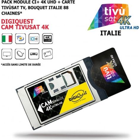 Pack Module CI+ CAM Tivusat 4K + Carte Bouquet Tv Italien Digiquest 88 chaines Ultra, HD, via le Satellite HOTBIRD 13 EST (1/5)