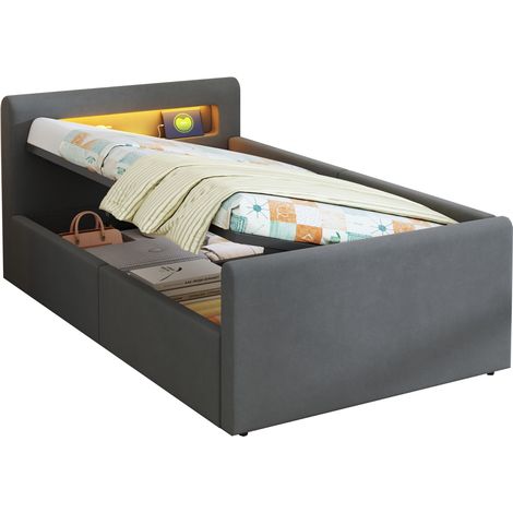 Letto imbottito per bambini in velluto grigio 90x200 cm con contenitore idraulico, LED, USB e rete a doghe (1/5)