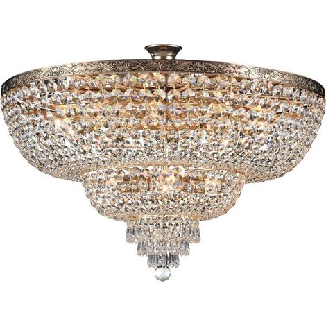 Palace Plafonnier semi-encastré doré antique et cristal, 14 lumières, E27