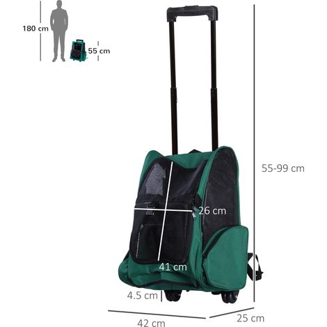 Sac de transport 2 en 1 pour chiens et chats (avec poches latérales, poignée télescopique et roulettes), 42 x 25 x 55 cm, vert (1/5)