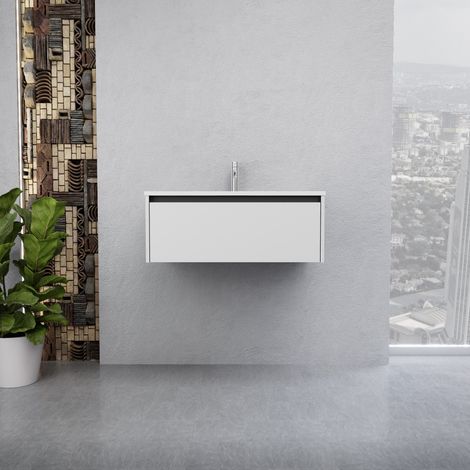 Inda - Badezimmerschrank 1 Schublade B.80 mit glänzendem Waschbecken / Mattweiß - Smeraldo