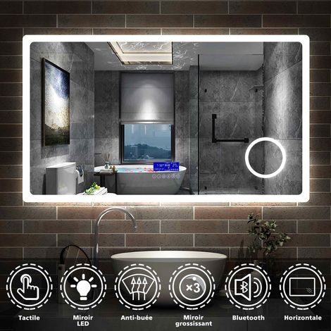 AICA Sanitaire 120cmx70cm + Bluetooth + horloge +3 couleurs LED réglables + miroir grossissant + antibuée