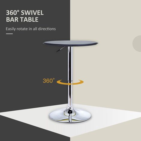 Table de bar ronde noire moderne avec plateau en bois recouvert de similicuir à hauteur réglable et piètement chromé, idéale pour un pub, un bistro ou une maison. (1/5)