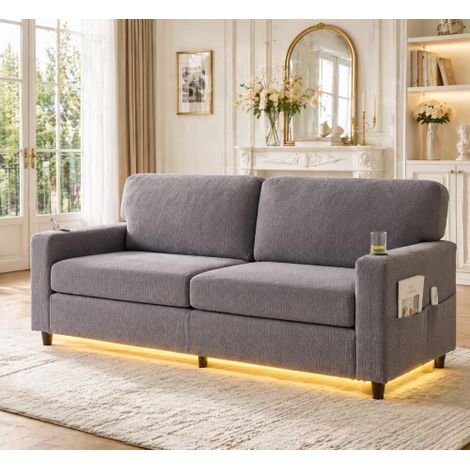 Moderner 2-Personen Chenille-Sofa mit USB-C, LED-Ambiente, Getränkehaltern und Seitentaschen. Holz/Metall-Rahmen mit Komfortschaum. Ideal für Wohnzimmer, Schlafzimmer oder Büro. hellgrau