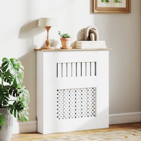 Cache-radiateur en lattes de bois avec motif croisé et étagère, 78 x 19 x 81 cm, blanc (1/5)