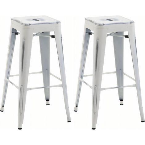 Juego de 2 taburetes de bar 76 cm de alto diseño industrial estructura robusta de metal de cuatro patas con acabado blanco envejecido 100006096