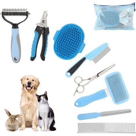 Set of 9 dog and cat brushes, self-cleaning brush, rope comb, paw scissors with file, flea comb, bath gloves, professional grooming set for short hair and (1/5)