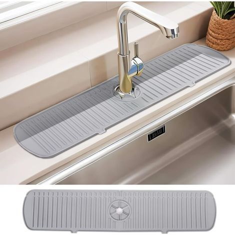 Tapis d'évier en silicone 61 x 14.5 cm – Protection anti-éclaboussures – Drainage automatique – Couleur gris (1/5)