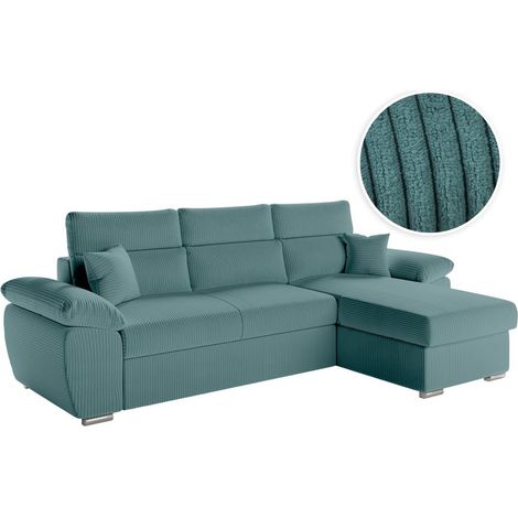 Canapé KOMECO d'angle reversible convertible avec coffre et têtières en velours côtelé - Bleu clair (1/5)