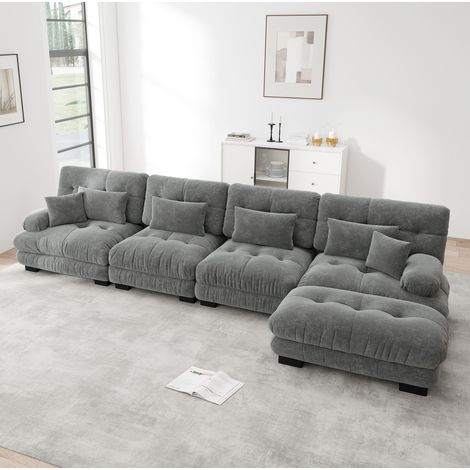 Canapé d’angle modulaire gris en chenille avec ottoman mobile (1/5)