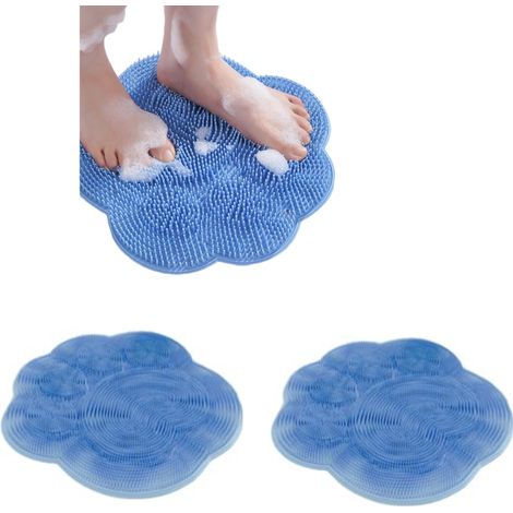 Lot de 2 tapis de massage et éponges pour les pieds sous la douche - Tapis exfoliant mural antidérapant pour le bain et le nettoyage des pieds, design amélioré, bleu