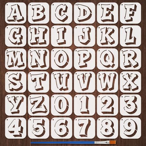 36Pcs Pochoirs Graffiti Lettres et Chiffres Gribouillis Avec 1 Pinceau en Plastique 10x10cm Pochoir Lettres Graffiti Pochoir Nombres Décoratif Modèle Décoratif pour Peinture sur Mur Bois (1/5)