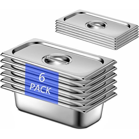 Lot de 6 Plat Inox avec Couvercle, GN 1/3 Bac avec Couvercle, 32,5 x 17,5 x 6,5 cm Bac Alimentaire Inox pour des Fours à Convection, des Chafing Dishes, des Réfrigérateurs (1/5)
