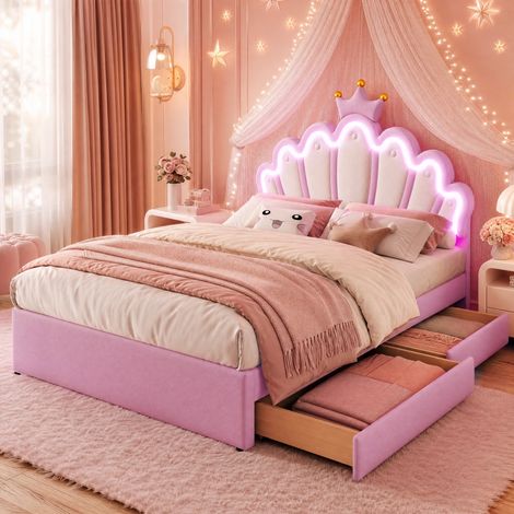 Cama infantil 140x200 cm en PU rosa con almacenamiento para dormitorio, FloraGrace (1/5)