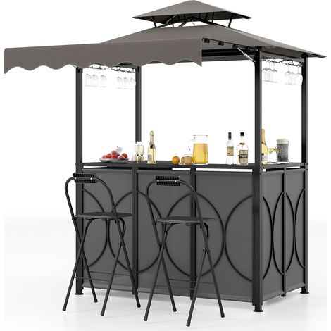 COSTWAY Gazebo per Barbecue, Pergola per BBQ con Tavolo Bar e 2 Sgabelli Bar Pieghevoli, Ripiani di Stoccaggio in Metallo, per Giardino e Cortile, 193 x 117 x 240 cm (Grigio) (1/5)