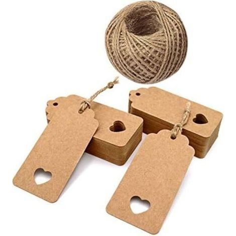 Pack of 100 Kraft Paper Tags 9.5 x 4.5 cm for Wedding/Christmas/Birthday Gift, Luggage, with 30m Jute Twine (Brown) - (1/4)