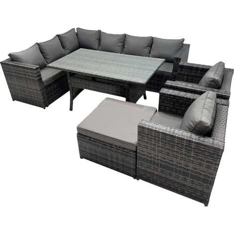 Fimous Outdoor PE Rattan Sofa Set with Dining Table Patio Garden Furniture Sets with 2 Chairs Big Stool Dark Grey Mixed (1/5)