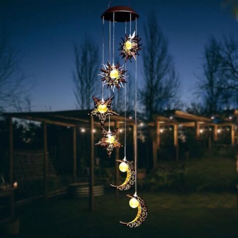 Carillon a Vent Exterieur, Carillon Solaire Extérieur éolienne Solaire Lampe de Jardin avec Soleil Lune Étoile, Décoration Lumineuse Solaire Suspendre pour Balcon Terrasse (1/4)